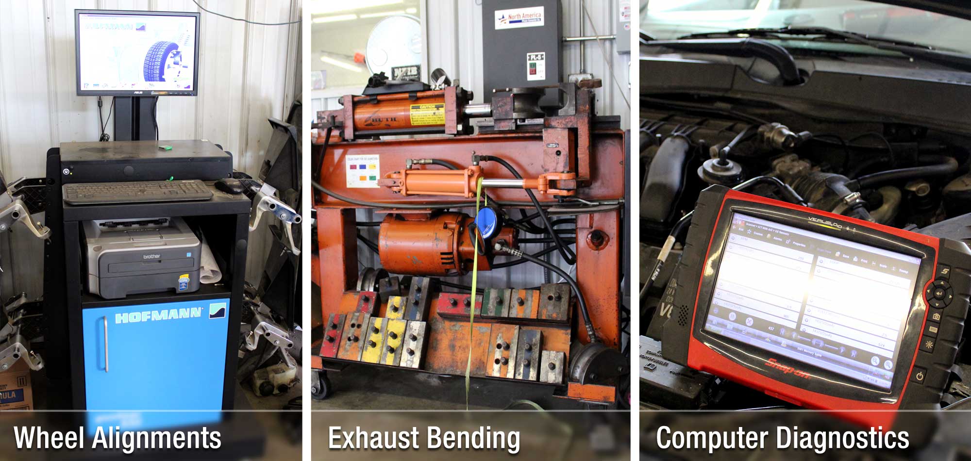 Collage of auto equipment at Murphy's Auto Center - Wheel Alignment machine, exhaust bending machine, engine diagnostic tools